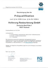 Bescheinigung vom 19.07.2019 über die Präqualifikation der HOLLERUNG Restaurierung GmbH in Rostock.