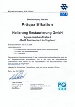 Bescheinigung vom 23.11.2015 über die Präqualifikation der HOLLERUNG Restaurierung GmbH aus Reichenbach im Vogtland.