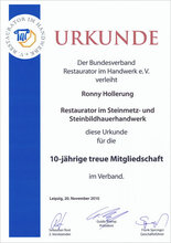 Urkunde für 10-jährige treue Mitgliedschaft  im Bundesverband Restaurator im Handwerk e.V..